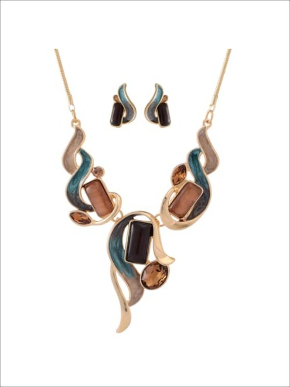 Vintage Retro Leaf Flower Bohemian Statement Necklace Earring Set Costume